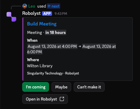 A Robolyst meeting card in Discord showing when and where the build meeting is, with coming, maybe and can’t-make-it buttons