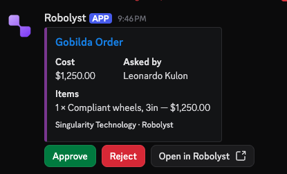 A Robolyst order request posted in Discord with its cost, who asked and the items, under approve and reject buttons