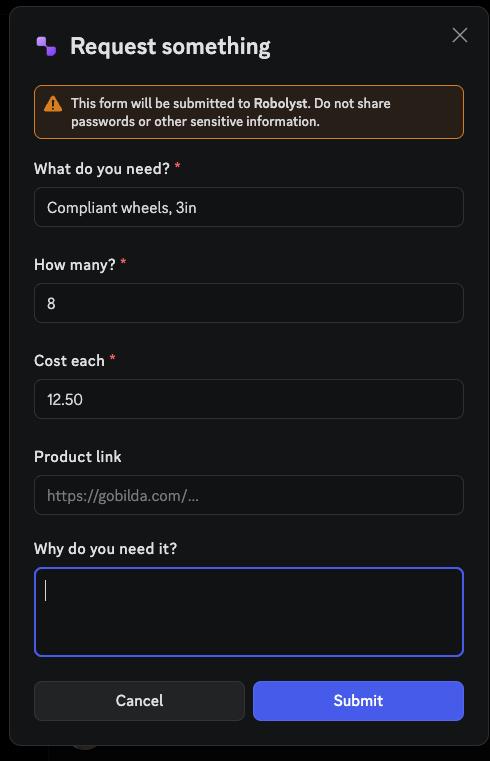 The Robolyst order request form open inside Discord, asking what you need, how many, cost each, a product link and why