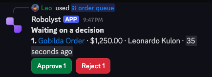 The order queue in Discord listing one order waiting on a decision, with approve and reject buttons