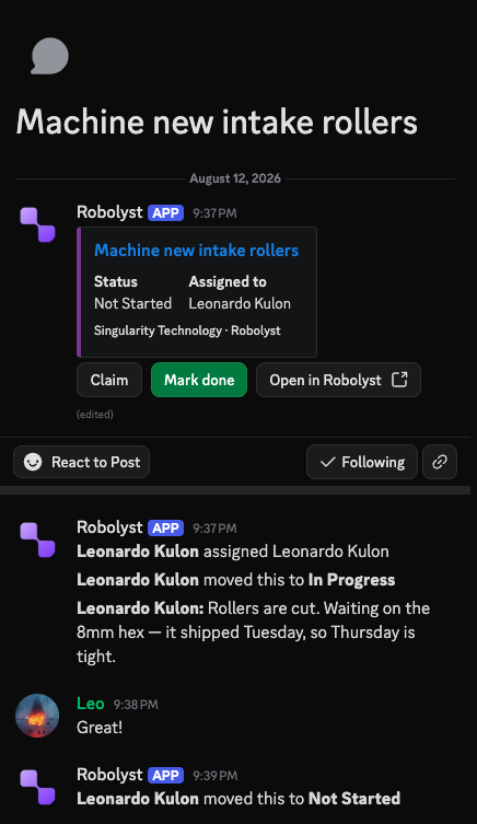 A Robolyst forum thread in Discord titled “Machine new intake rollers”, with claim and mark-done buttons and the task’s activity below it