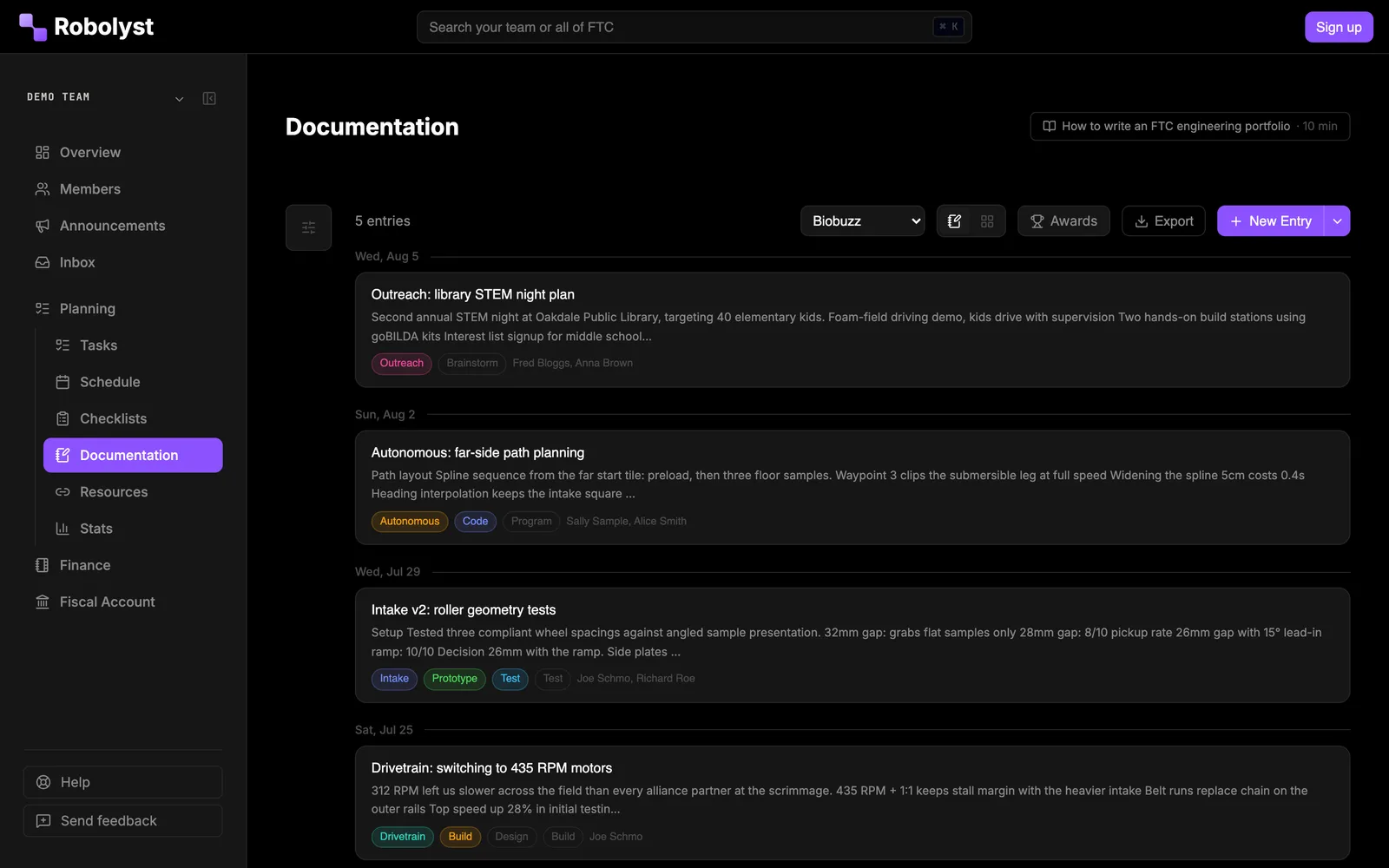 Robolyst FTC engineering documentation: dated build-log entries tagged by subsystem and design stage, from autonomous path planning to intake testing.
