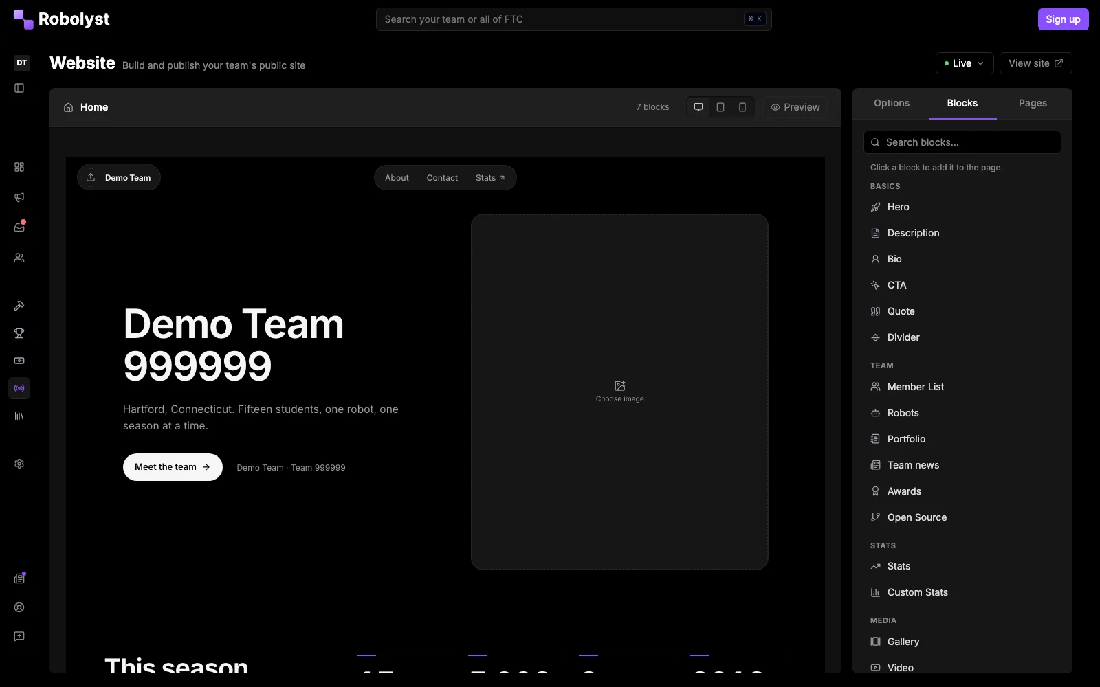 The Robolyst team website editor: a live preview of the team home page beside the block library, with hero, roster, robots, awards and stats blocks to add.