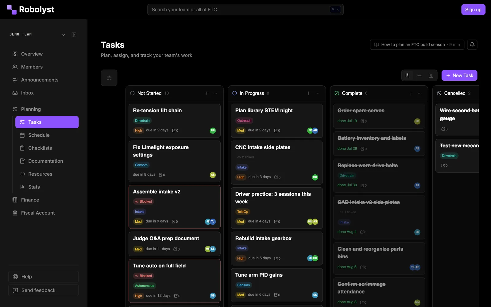 Robolyst FTC task board: build-season tasks in Not Started, In Progress, Complete and Cancelled columns, each card tagged by subsystem with a priority, due date and assignee.