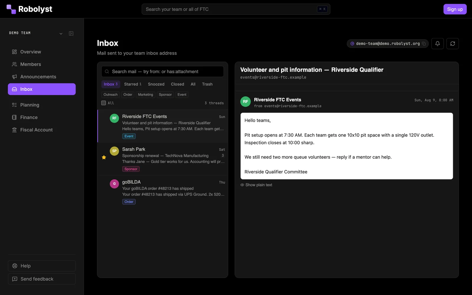 Robolyst shared team inbox: sponsor, order and event email threads labelled and read in a two-pane view the whole team can see.