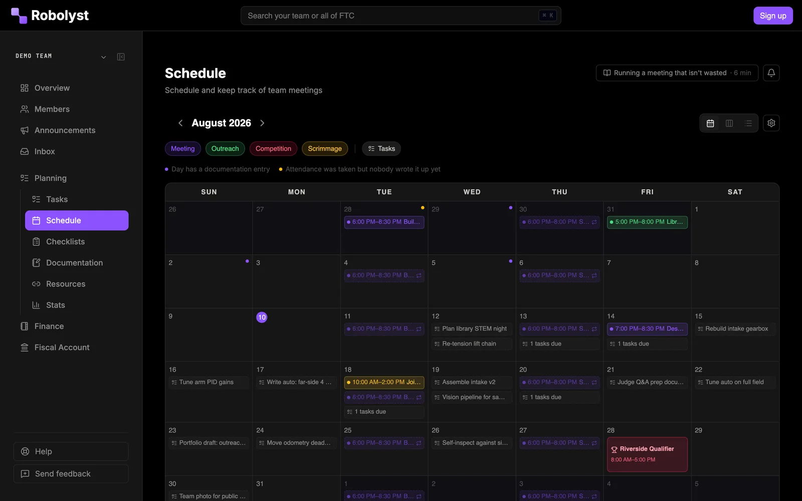 Robolyst FTC team schedule: a month calendar of meetings, competitions and deadlines for the season.